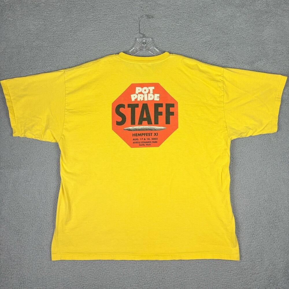 Vintage Y2K Hempfest T-Shirt Men’s 2XL Yellow Staff Double Sided 2002 Marijuana